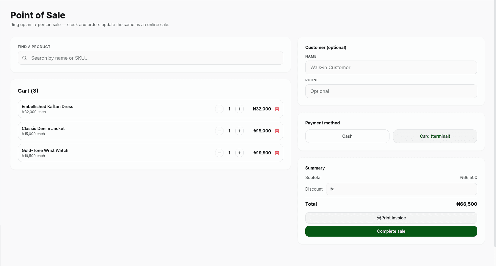 The Zeddhub point of sale screen with a cart of three items, cash or card payment, and a complete sale button
